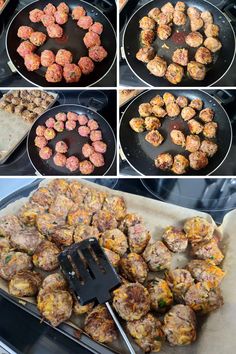 the process of cooking meatballs in a skillet