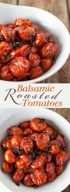 two bowls filled with cooked tomatoes on top of a wooden table