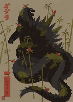 an illustration of a black dragon with red flowers on it's back and legs