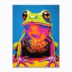 a brightly colored frog sitting on top of a table