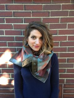 "A warm and cozy cowl-neck scarf for a fall statement piece or a winter warmer!  Aztec print with teal, pinks and brown. Smoke colored faux leather. Gunmetal heavy duty snaps.  62\" long, 20\" wide.  Acrylic blend, vinyl and metal.  Dry clean or spot clean, lay flat to dry.  If you live in the Denver area, I am more than happy to arrange a pickup to help you avoid shipping costs. Just enter PICKUP into the coupon code field during checkout :)" Casual Brown Scarf For Fall, Multicolor Scarves For Cold Weather In Fall, Multicolor One Size Infinity Scarf For Fall, Multicolor One-size Infinity Scarf For Fall, One Size Infinity Scarf For Fall Cold Weather, One Size Infinity Scarf For Cold Weather In Fall, Fall Infinity Scarf For Cold Weather, Knit Infinity Scarf For Fall, One Size Infinity Scarf For Fall