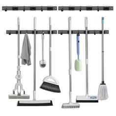 PRICES MAY VARY. MOVABLE HOOK AND RACK: The hooks and racks of the broom organizer wall mount can slide on the black track, and you can customize their spacing according to your needs to maximize the use of space. The plastic stoppers at both ends of the track can be disassembled, and the arrangement order of the hooks and racks can be adjusted after disassembly. RUGGED AND DURABLE MATERIALS: The track and hook are made of high-quality industrial grade aluminum alloy, and the surface is black an Broom Organizer, Mop Holder, Garage Laundry, Broom Holder, Mops And Brooms, Hanging Organizer, Tool Holder, Wall Organization, Slide On