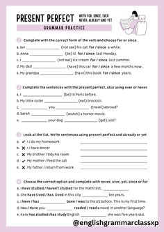 the present perfect tense worksheet is shown in pink and white with black writing on it