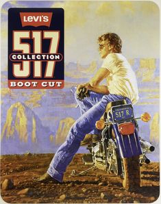 a man riding on the back of a motorcycle in front of a mountain range with text that reads levi's 517 collection boot cut