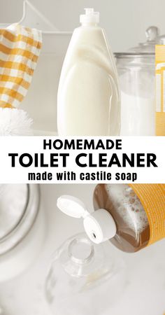 homemade toilet cleaner made with castille soap on the counter and in bottles next to it