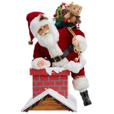 a santa clause standing on top of a chimney with a teddy bear in his hand