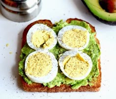 an avocado toast with hard boiled eggs on top