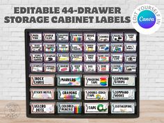 a black and white photo with the words edible 4 - drawer storage cabinet labels on it