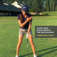 LPGA Class A Instructor Christina Ricci demonstrates the key difference between the way professionals and amateurs use their lead shoulder in their backswing. Golf Chipping Tips, Crossfit Coach, Chipping Tips