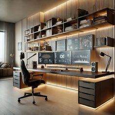 a modern home office with built - in shelving units and lighting on the walls