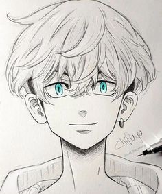 a drawing of a boy with blue eyes