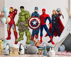 the avengers wall decals are on display in a child's room with balloons and toys