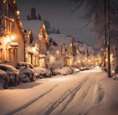 a snowy street lined with houses covered in lights