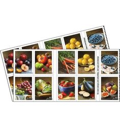 stamps with pictures of fruits and vegetables on them