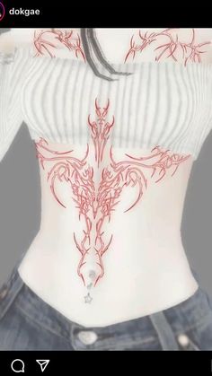 a drawing of a woman's back with tattoos on her body and neckline