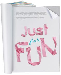 an open book with pink ribbon on it and the title just for fun written in blue