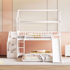 a white bunk bed sitting on top of a wooden floor next to a pink wall