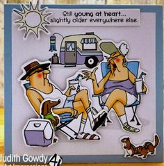 a card with an image of two people sitting in chairs and one is holding a dog