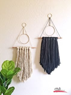 two wall hangings with tassels hang from hooks on a white wall next to a potted plant