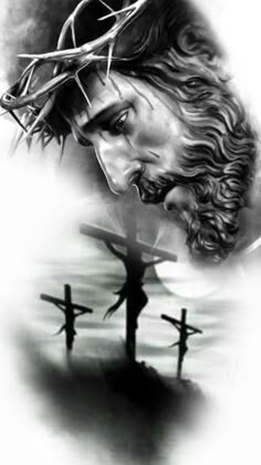 the face of jesus with three crosses in front of it and an image of jesus