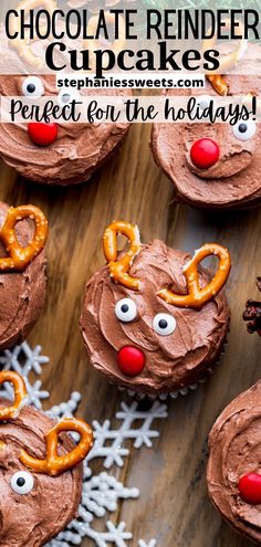 chocolate reindeer cupcakes with pretzels for the holidays on a wooden table