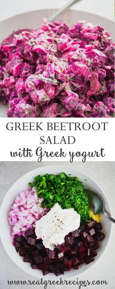 the ingredients for greek beetroot salad in a white bowl and on a plate