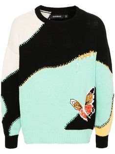 black/multicolour cotton chunky intarsia knit panelled design ribbed crew neck drop shoulder long sleeves whipstitch detailing ripped detailing to the front butterfly motif to the front and rear intarsia-knit logo to the rear ribbed cuffs and hem Butterfly Motif, Knit Logo, Designer Knitwear, Versace Outfit, Airport Fashion, Crew Neck Jumper, Knit Sweatshirt, Knitwear Design, Summer Beach Wear