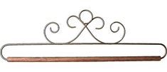 a metal towel rack with two hearts on it's top and a wooden shelf underneath