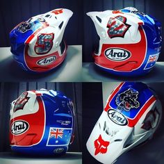 the helmet is designed to look like it has been painted red, white and blue