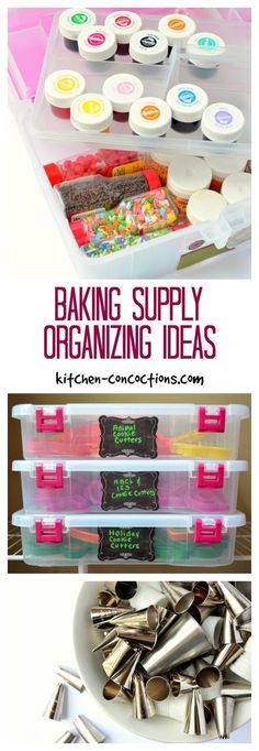 baking supplies organized in plastic containers with text overlay that says baking supply organizing ideas