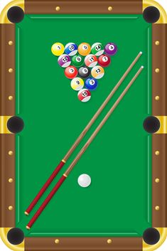 a pool table with two cues and balls on it, ready to be played in the game