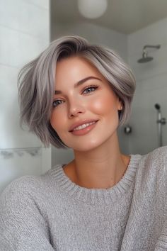 Click for More ➡️ | Save for Later ❤️  This chic, ultra-short pixie bob in pearl gray is understated yet striking, perfect for those embracing elegance with a modern twist. (Short Pearl Gray Pixie Bob - Pixie Bob Haircut Ideas) Gray Pixie, Twist Short, Short Pixie Bob, Bob Pixie, Pixie Bob Haircut, Pearl Gray, Pixie Bob, Bob Haircut, Short Pixie