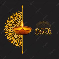 happy diwali festival background with golden candle and ornamental design on black background illustration