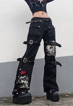 Darkside Y2K Jeans 90s Grunge Style Black Denim Devil Print Egirl Straight Trousers Grunge Pants, Soft Grunge Outfits, Buckle Jeans, Black Punks, Jeans Cargo, Estilo Punk, Printed Jeans, Jeans Material, Jeans Online