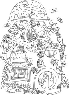 a house with mushrooms and flowers on the roof is outlined in black and white ink