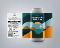 a beer can with the label on it and an image of a mountain in the background