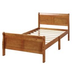 a wooden bed frame with no headboard and foot board