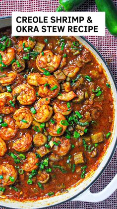 a skillet with shrimp and okra stew in it on a red table cloth