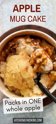 an apple muffin in a bowl with a spoon on the side and text overlay reads packs in one whole apple