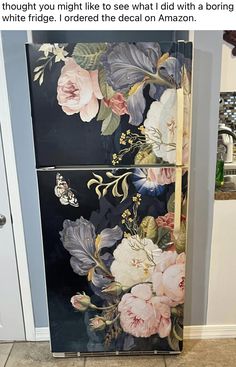 a floral painted refrigerator freezer in a kitchen