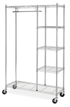 a metal rack with four shelves on wheels