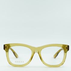 Step out in style with these stunning Gucci GG1086O 006 Transparent Yellow 53mm eyeglasses from OSSA FRAMES. These fashion-forward frames are perfect for the modern woman who wants to make a statement with her eyewear. The transparent yellow acetate frames are bold and unique, adding a pop of color to any outfit. The square shape is on-trend and flattering for all face shapes, while the clear demo lenses give these glasses a sophisticated touch. The 53mm lens width ensures a comfortable fit, whi Gucci Designer Clear Sunglasses, Designer Gucci Clear Sunglasses, Modern Gucci Glass Sunglasses, Gucci Clear Glass Sunglasses, Gucci Clear Square Frame Sunglasses, Gucci Clear Sunglasses, Chic Gucci Yellow Sunglasses, All Face Shapes, Square Shape