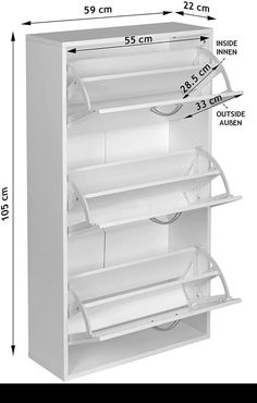 an image of a white shoe rack with three compartments and measurements for the widths