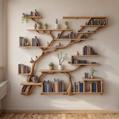 the bookshelves are made out of wood and have plants on them