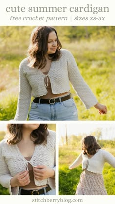 the crochet sweater cardigan pattern is shown in three different pictures, and it has