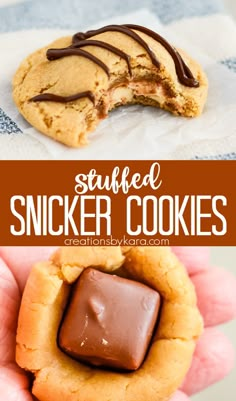 a hand holding a peanut butter cookie with chocolate on top and the words stuffed snickker cookies above it