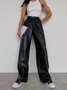 Details Composition: 50% Polyurethane. 47% Polyester. 3% Elastane Design: Plain Style: Casual Thickness: Regular ... Faux Leather Wide Leg Pants, Leather Wide Leg Pants, Pants Details, Fit Pants, Swimwear Outfit, Pants Length