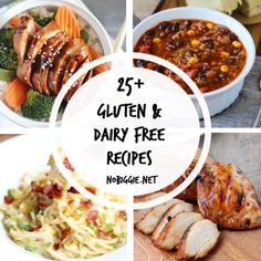 four different pictures with the words 25 gluten and dairy free recipes on them