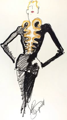 a drawing of a woman in a black dress with yellow spirals on her back