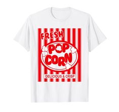 a white t - shirt with the words fresh pop corn on it and red stripes